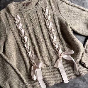 Coquette Beige Sweater with Pink Ribbon Accents